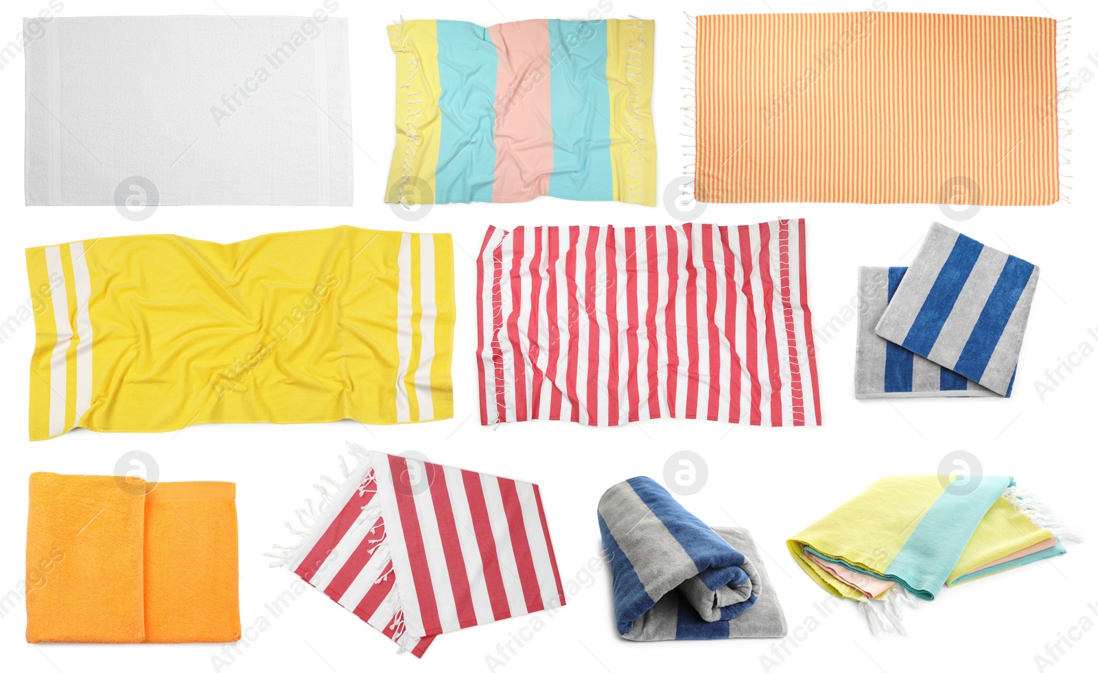 Set with different beach towels on white background Image of Set with different beach towels on white background