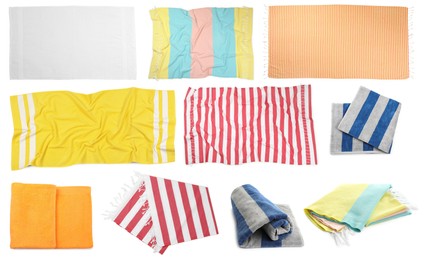 Set with different beach towels on white background Image of Set with different beach towels on white background