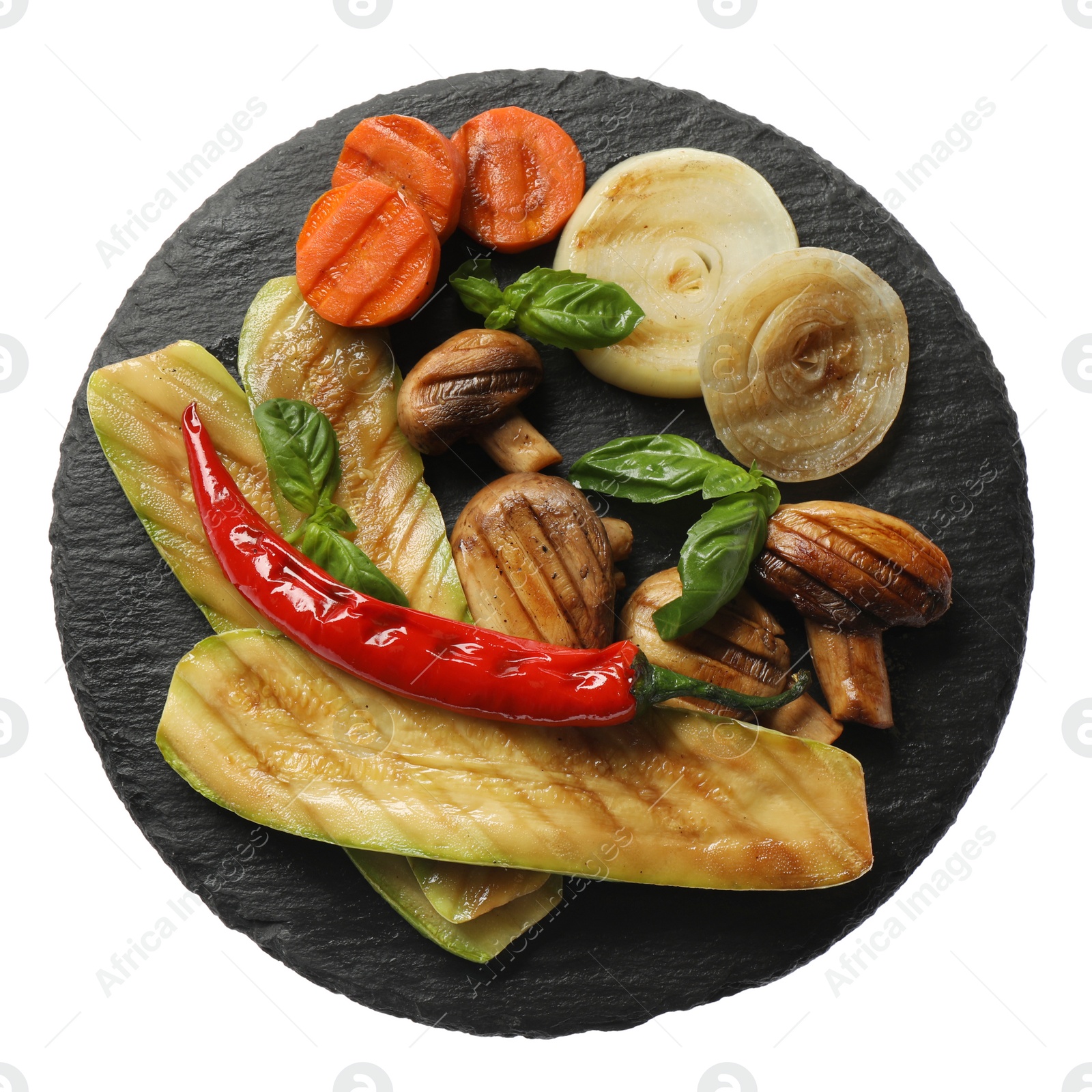Different delicious grilled vegetables on white background, top view Photo of Different delicious grilled vegetables on white background, top view