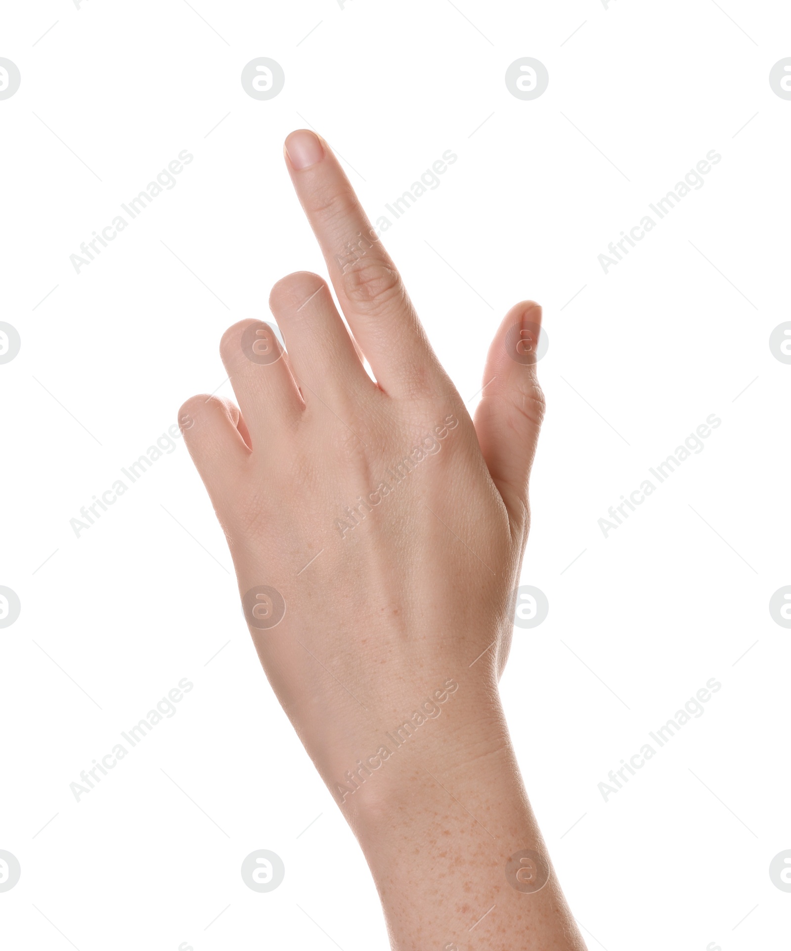 Woman pointing at something on white background, closeup Photo of Woman pointing at something on white background, closeup