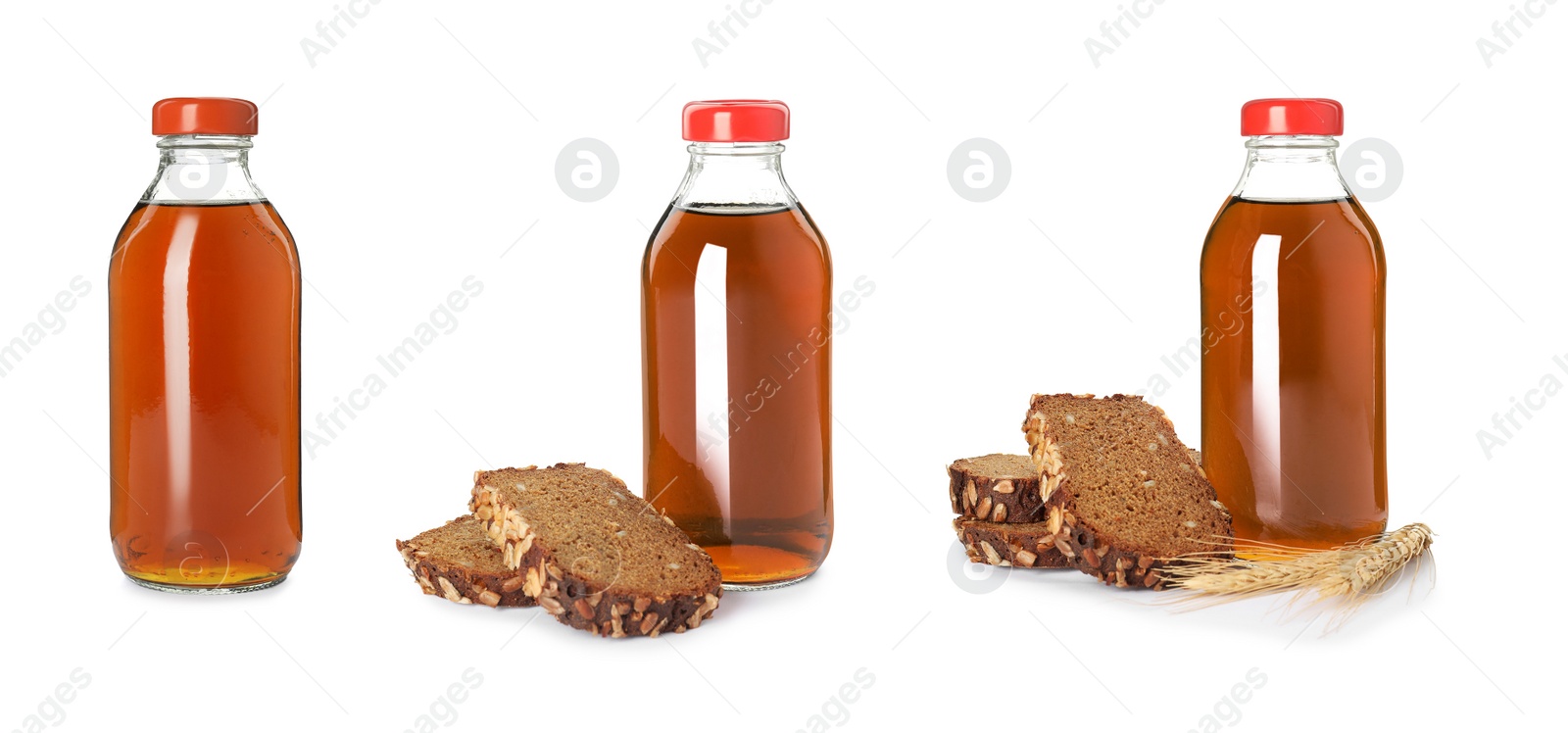 Image of Set with bottles of delicious kvass on white background. Banner design