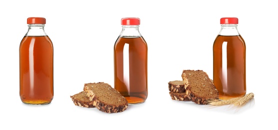 Set with bottles of delicious kvass on white background. Banner design Image of Set with bottles of delicious kvass on white background. Banner design