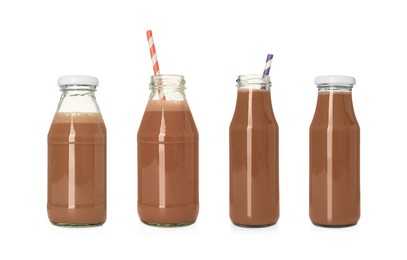 Set with delicious chocolate milk on white background Image of Set with delicious chocolate milk on white background