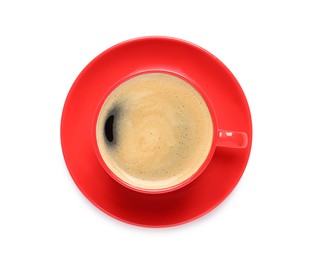 Aromatic coffee in red cup on white background, top view Photo of Aromatic coffee in red cup on white background, top view