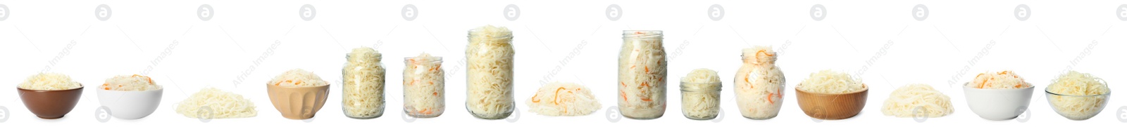 Set of tasty fermented cabbage isolated on white. Banner design Image of Set of tasty fermented cabbage isolated on white. Banner design