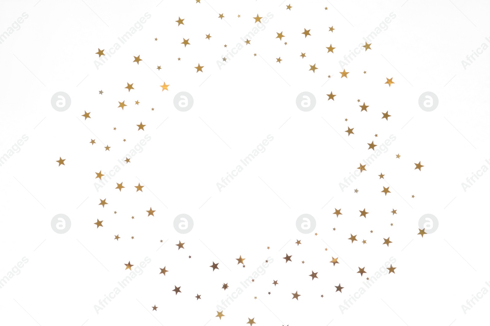 Frame made of star shaped confetti on white background, top view. Space for text Photo of Frame made of star shaped confetti on white background, top view. Space for text
