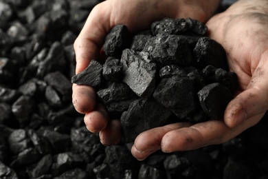 Man holding coal in hands over pile, closeup Photo of Man holding coal in hands over pile, closeup