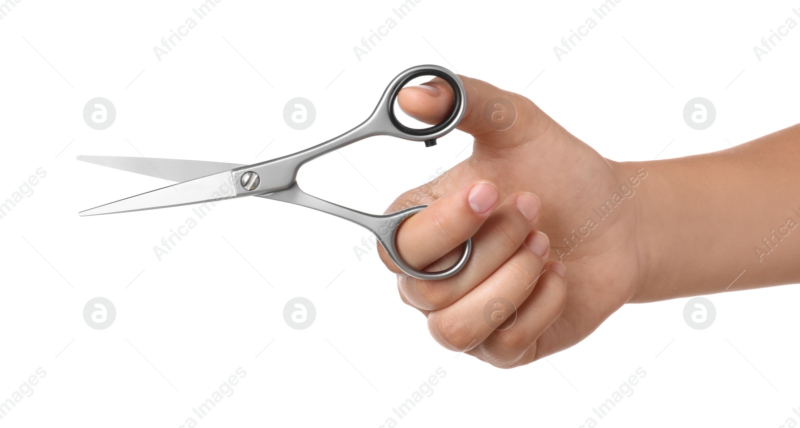 Hairdresser holding professional scissors isolated on white, closeup. Haircut tool Photo of Hairdresser holding professional scissors isolated on white, closeup. Haircut tool