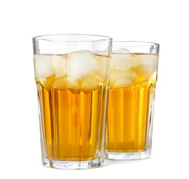 Two glasses of fresh apple juice on white background Photo of Two glasses of fresh apple juice on white background