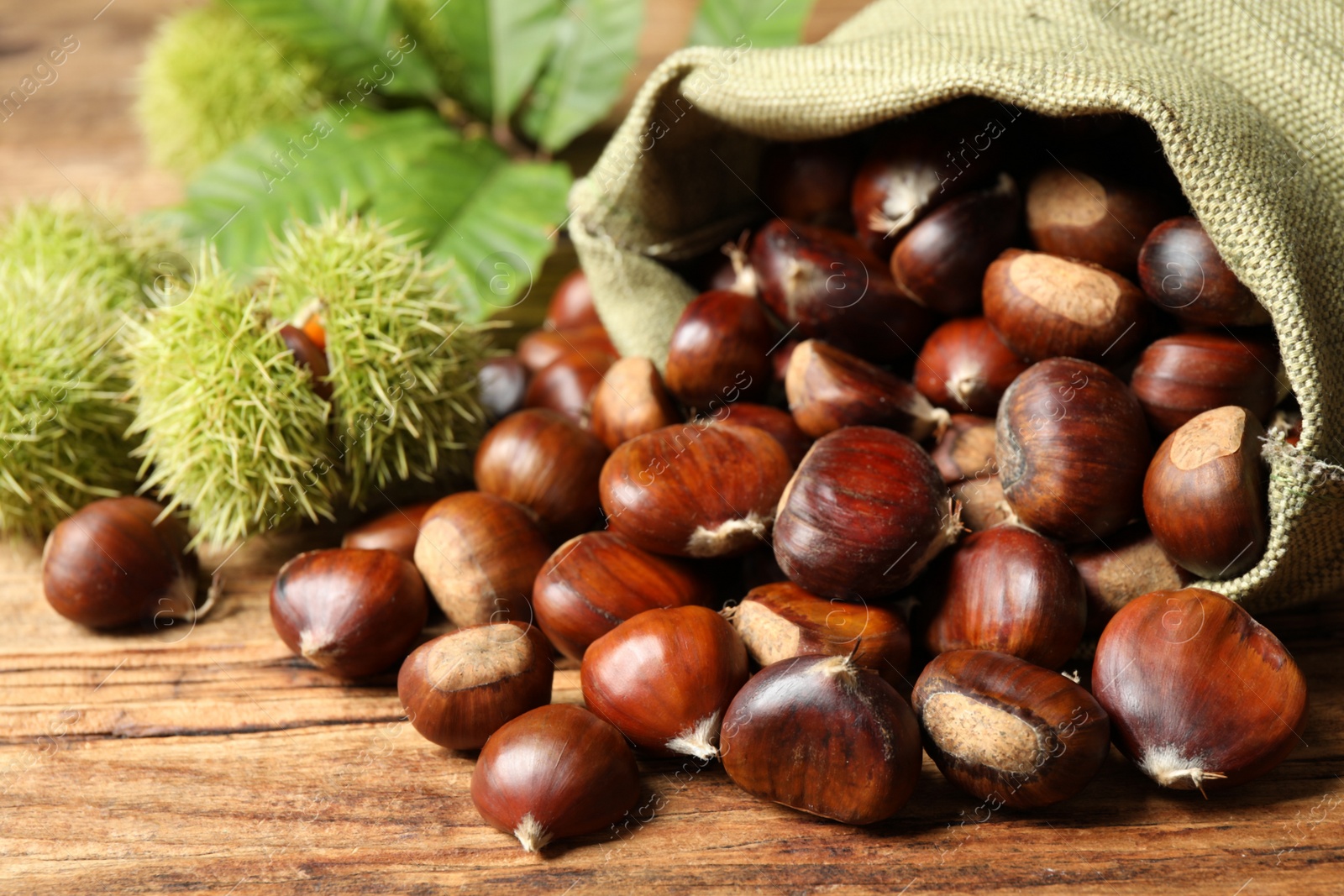 Fresh sweet edible chestnuts on wooden table, closeup Photo of Fresh sweet edible chestnuts on wooden table, closeup