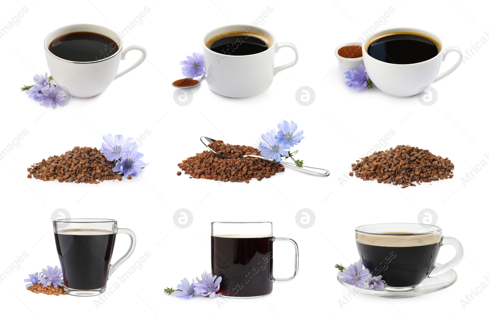Set with chicory drink and granules on white background Image of Set with chicory drink and granules on white background