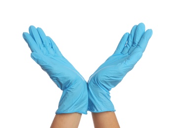 Doctor wearing medical gloves on white background, closeup Photo of Doctor wearing medical gloves on white background, closeup