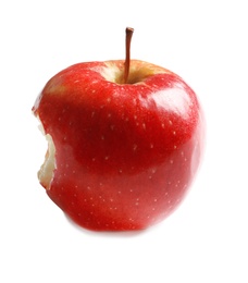 Ripe red apple with bite mark on white background Photo of Ripe red apple with bite mark on white background