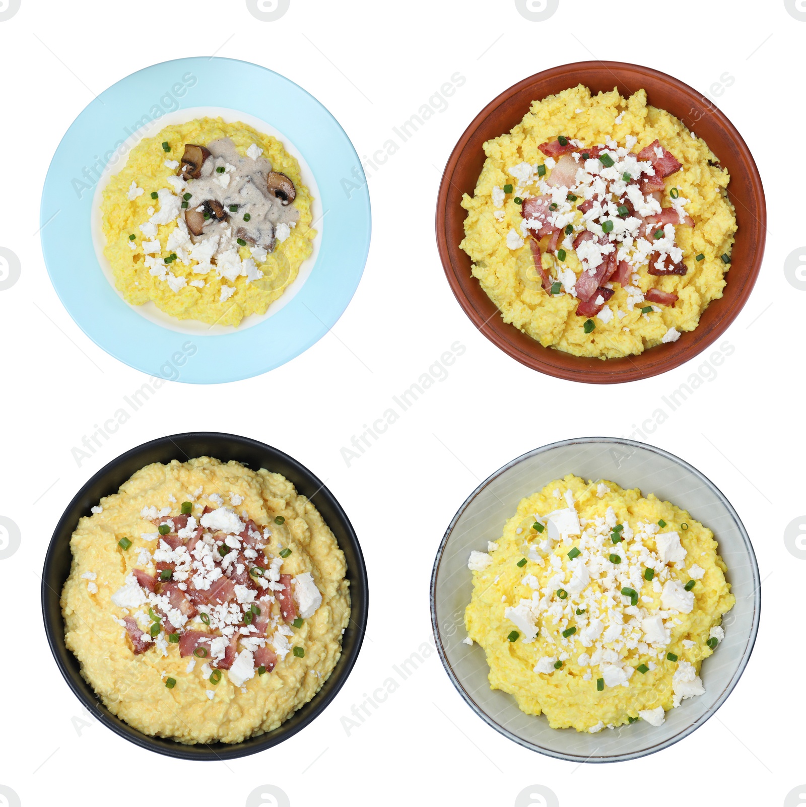 Set with delicious traditional banosh on white background, top view Image of Set with delicious traditional banosh on white background, top view