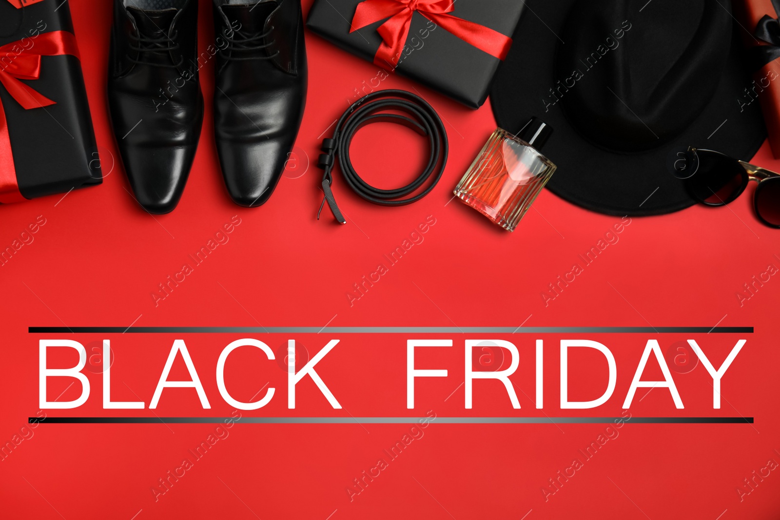 Flat lay composition with gift boxes, male accessories and phrase Black Friday on red background Photo of Flat lay composition with gift boxes, male accessories and phrase Black Friday on red background
