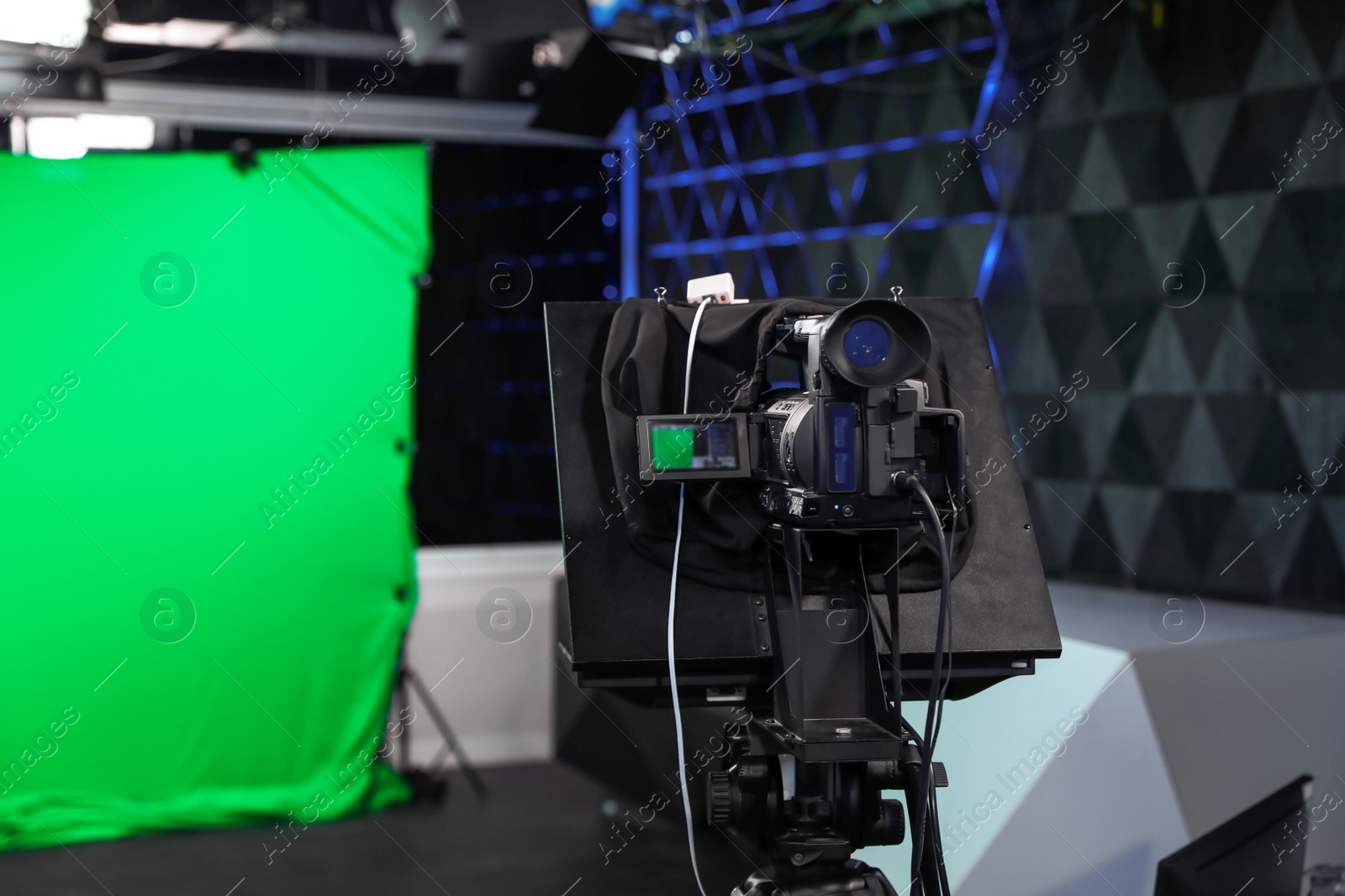 Modern video recording studio with professional equipment, focus on camera Photo of Modern video recording studio with professional equipment, focus on camera