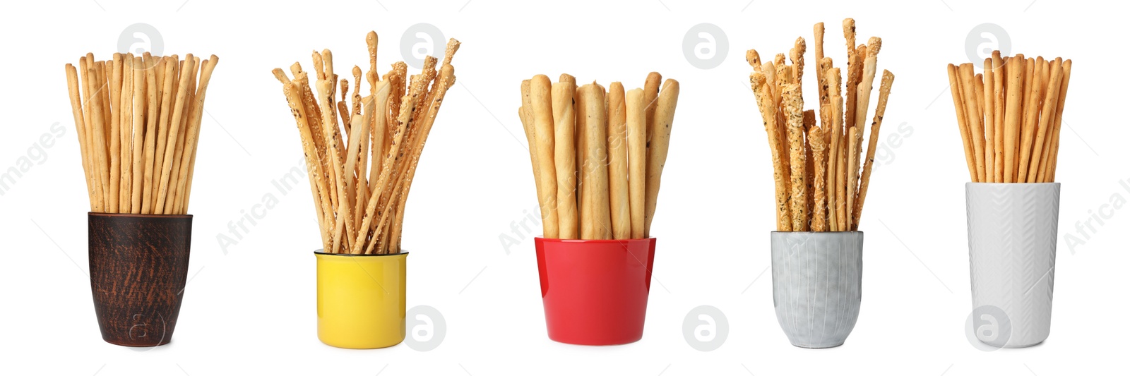 Set with delicious crispy grissini sticks on white background. Banner design Image of Set with delicious crispy grissini sticks on white background. Banner design