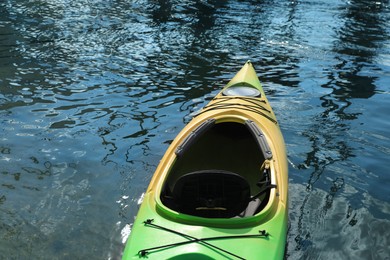 Modern kayak on river, closeup. Summer camp activity Photo of Modern kayak on river, closeup. Summer camp activity