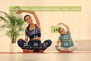 Double exposure of calendar and family doing yoga together at home Image of Double exposure of calendar and family doing yoga together at home