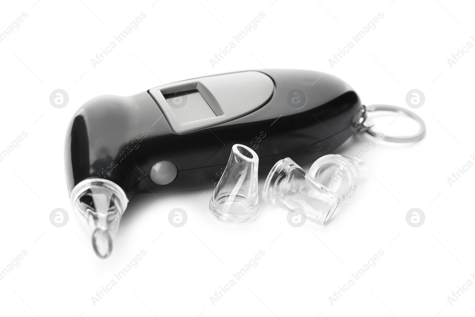 Modern breathalyzer and mouthpieces on white background Photo of Modern breathalyzer and mouthpieces on white background