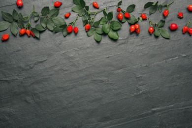 Ripe rose hip berries with green leaves on black table, flat lay. Space for text Photo of Ripe rose hip berries with green leaves on black table, flat lay. Space for text