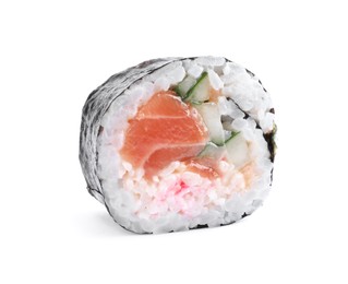 Tasty sushi roll with salmon isolated on white Photo of Tasty sushi roll with salmon isolated on white