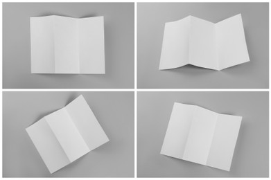 Open blank brochures on grey background, collage Image of Open blank brochures on grey background, collage