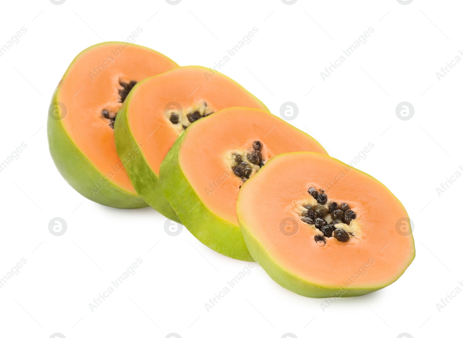 Fresh ripe papaya slices on white background Photo of Fresh ripe papaya slices on white background