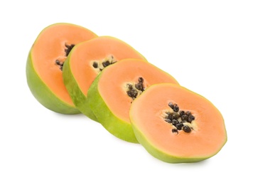 Fresh ripe papaya slices on white background Photo of Fresh ripe papaya slices on white background