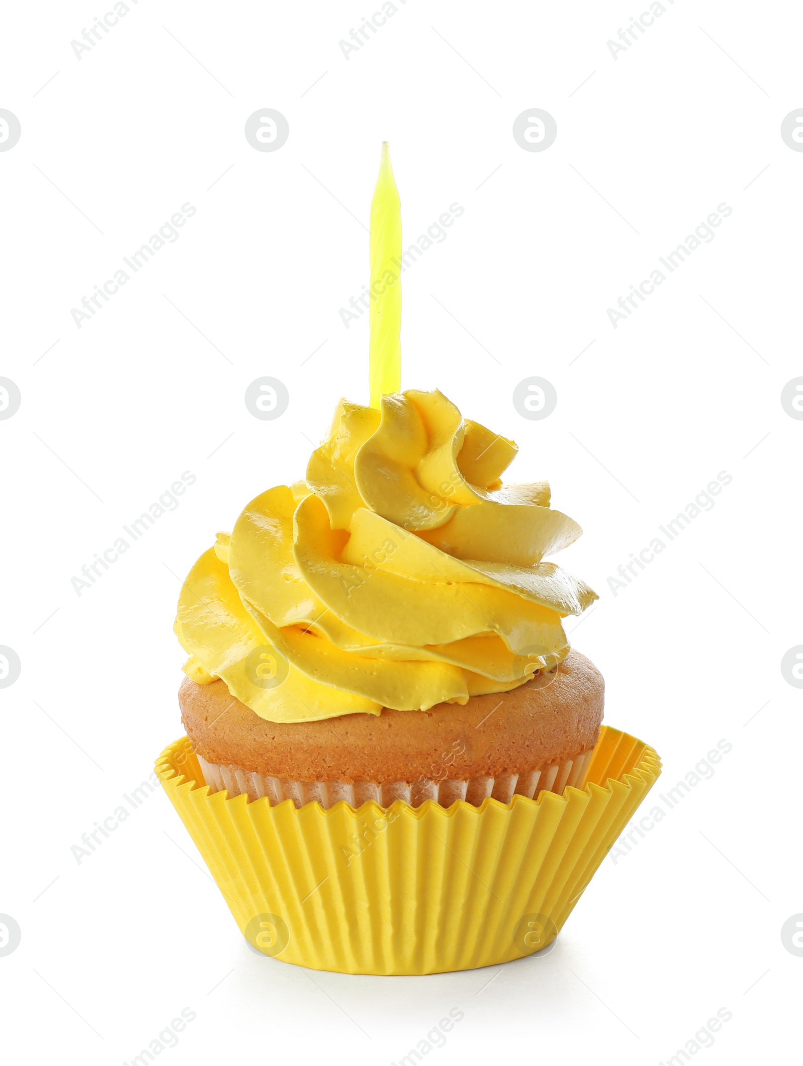 Birthday cupcake with candle on white background Photo of Birthday cupcake with candle on white background