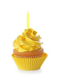 Birthday cupcake with candle on white background Photo of Birthday cupcake with candle on white background