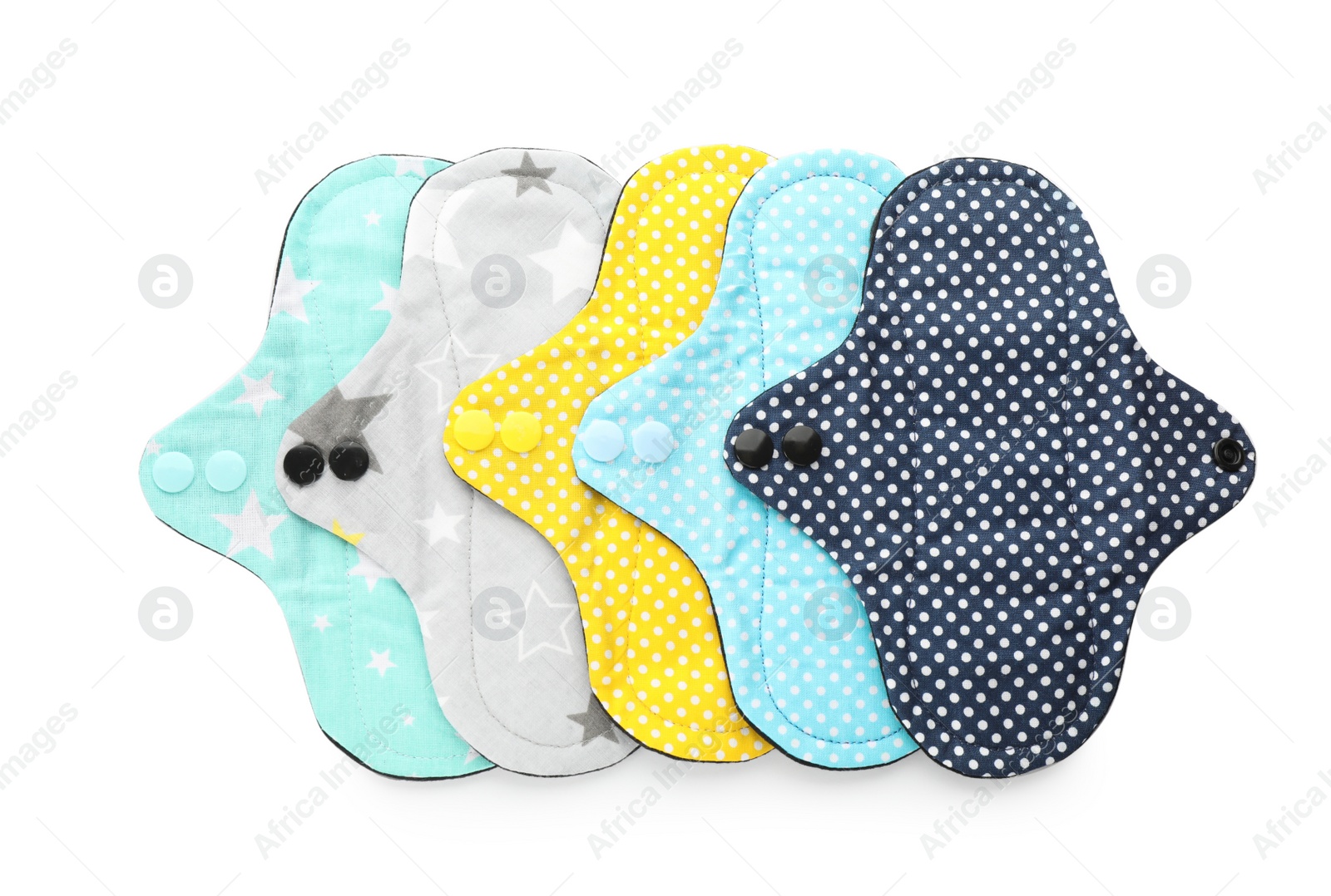 Many cloth menstrual pads on white background, top view. Reusable female hygiene product Photo of Many cloth menstrual pads on white background, top view. Reusable female hygiene product