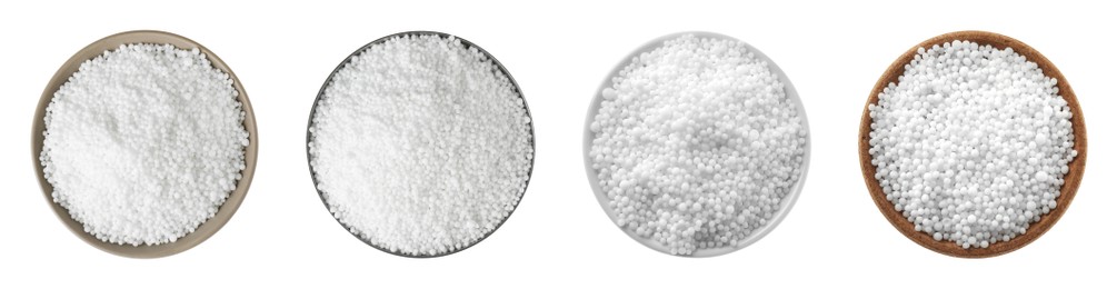 Set with ammonium nitrate pellets in bowls on white background, top view. Mineral fertilizer Image of Set with ammonium nitrate pellets in bowls on white background, top view. Mineral fertilizer