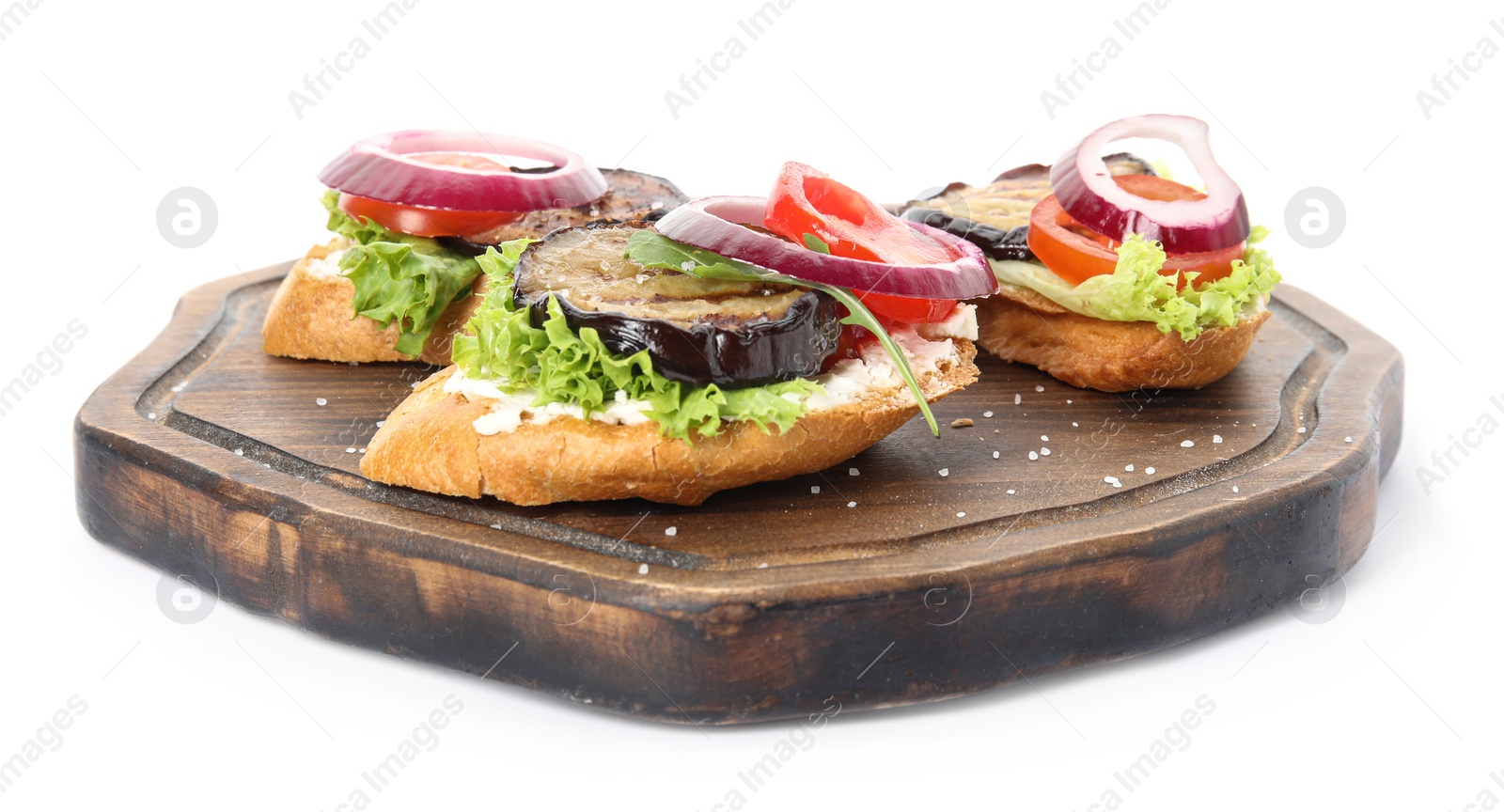 Delicious fresh eggplant sandwiches on white background Photo of Delicious fresh eggplant sandwiches on white background