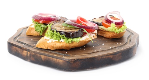 Delicious fresh eggplant sandwiches on white background Photo of Delicious fresh eggplant sandwiches on white background