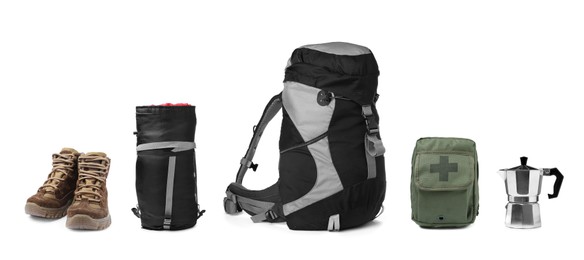 Set with different camping equipment on white background. Banner design Image of Set with different camping equipment on white background. Banner design