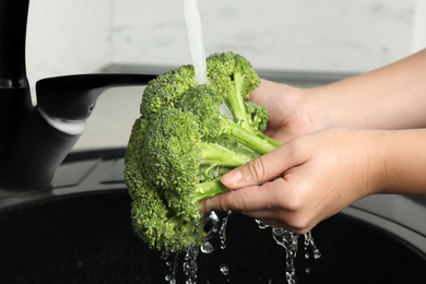 Woman washing fresh green broccoli in kitchen sink, closeup Photo of Woman washing fresh green broccoli in kitchen sink, closeup