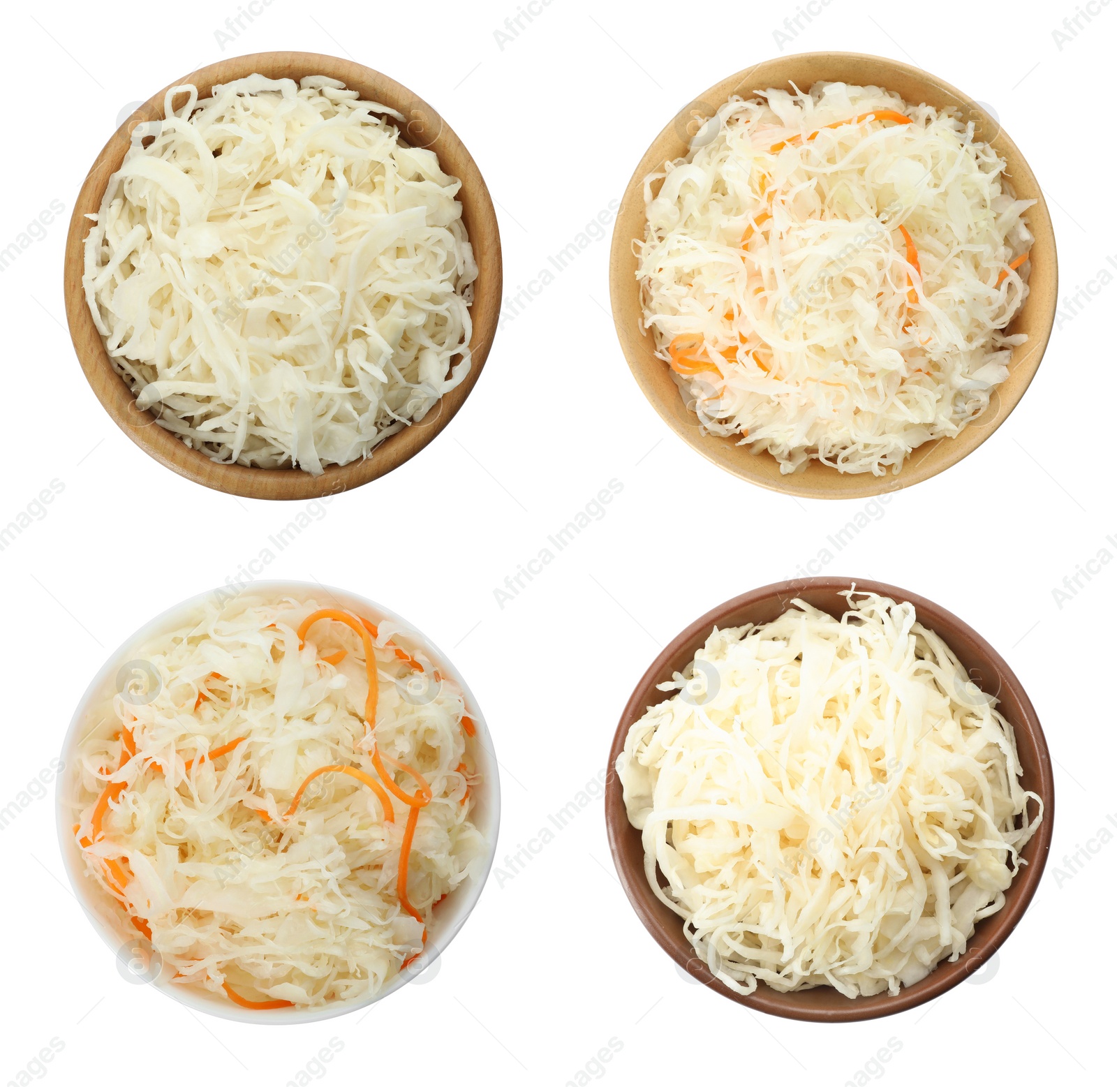 Set of tasty fermented cabbage isolated on white, top view Image of Set of tasty fermented cabbage isolated on white, top view