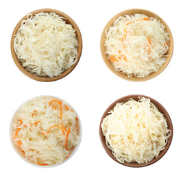 Set of tasty fermented cabbage isolated on white, top view Image of Set of tasty fermented cabbage isolated on white, top view