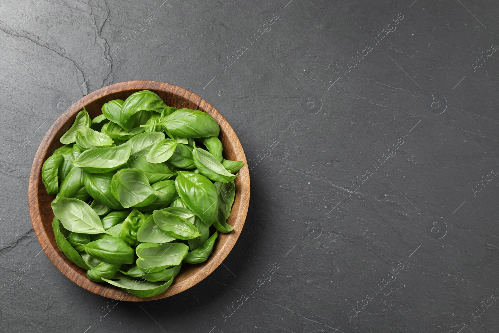 Fresh basil on grey table, top view. Space for text Photo of Fresh basil on grey table, top view. Space for text