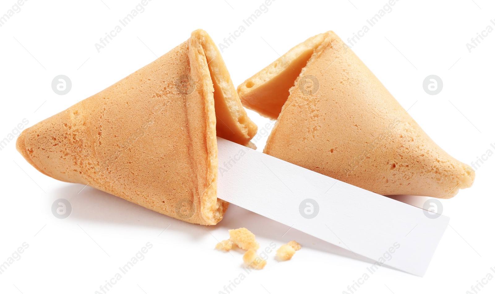 Cracked traditional fortune cookie with prediction on white background Photo of Cracked traditional fortune cookie with prediction on white background