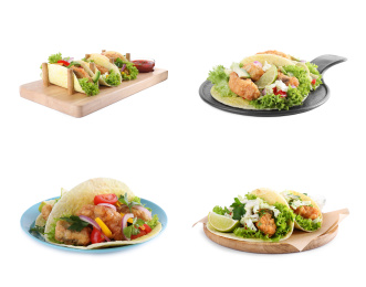 Set of delicious fresh fish tacos on white background Image of Set of delicious fresh fish tacos on white background