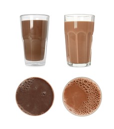 Set with delicious chocolate milk on white background Image of Set with delicious chocolate milk on white background