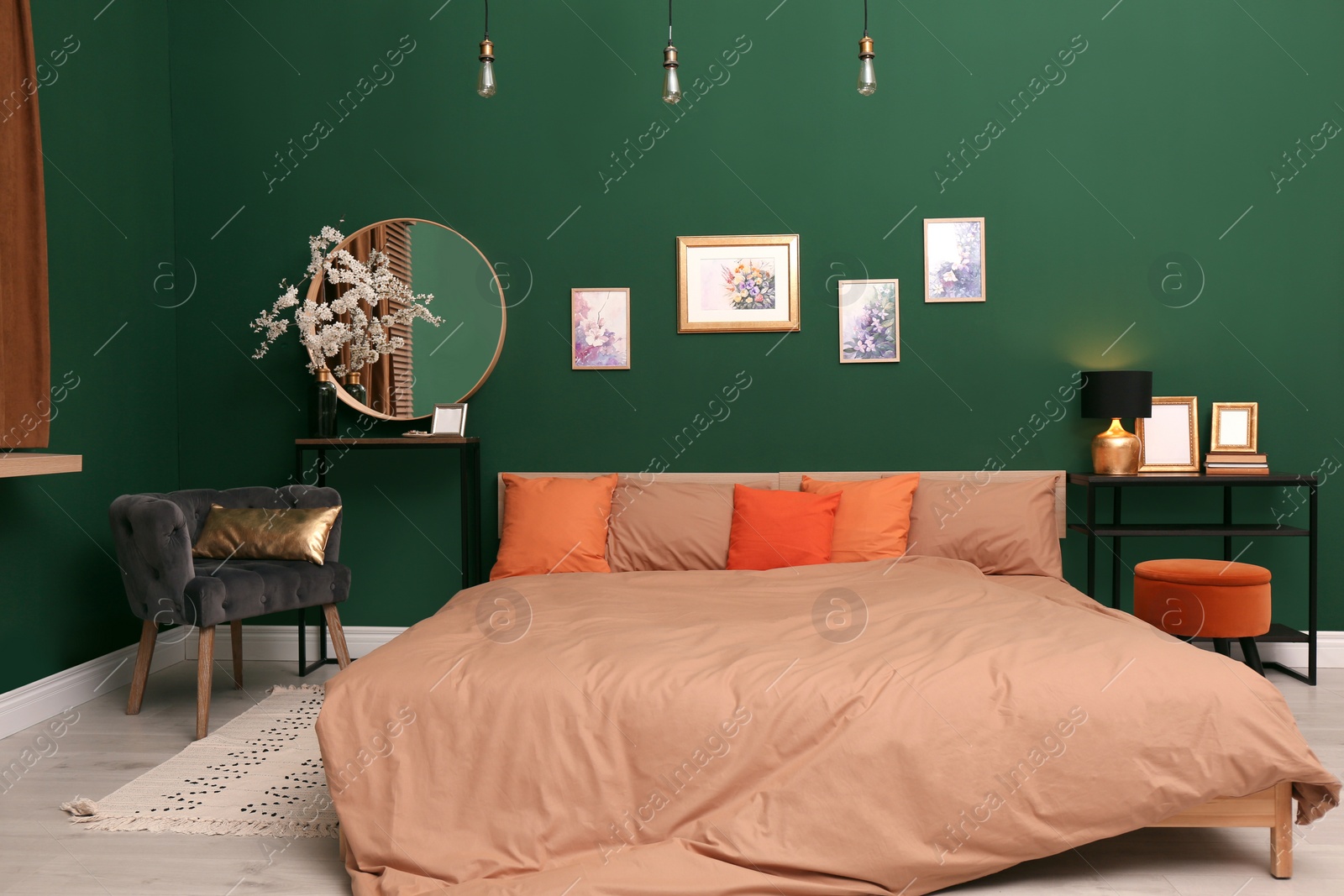 Stylish bedroom with modern furniture. Interior design Photo of Stylish bedroom with modern furniture. Interior design