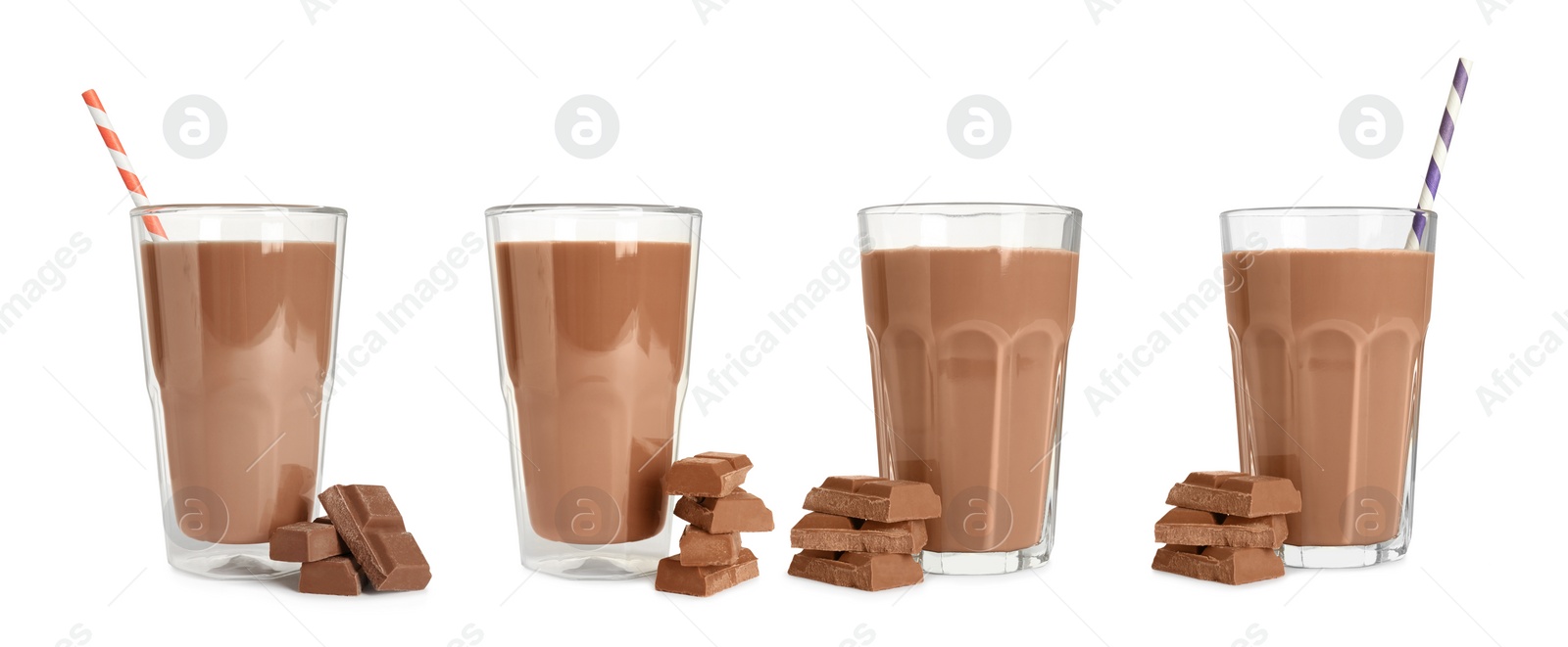 Image of Set with delicious chocolate milk on white background. Banner design