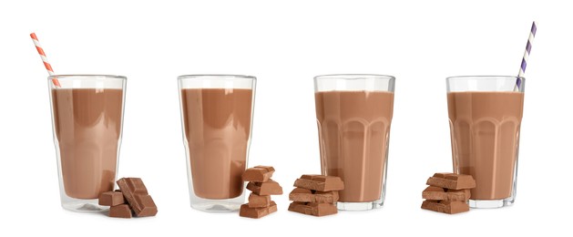 Image of Set with delicious chocolate milk on white background. Banner design