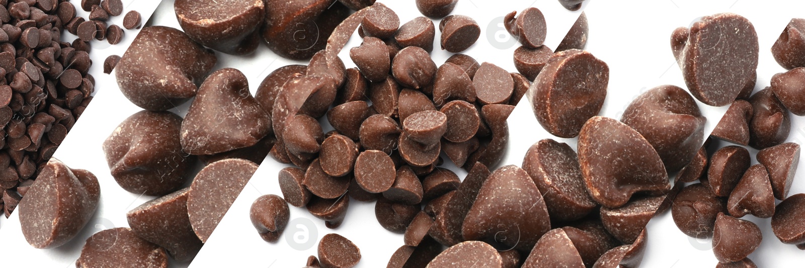 Collage of tasty chocolate chips on white background, top view Image of Collage of tasty chocolate chips on white background, top view