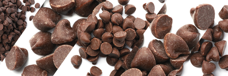 Collage of tasty chocolate chips on white background, top view Image of Collage of tasty chocolate chips on white background, top view