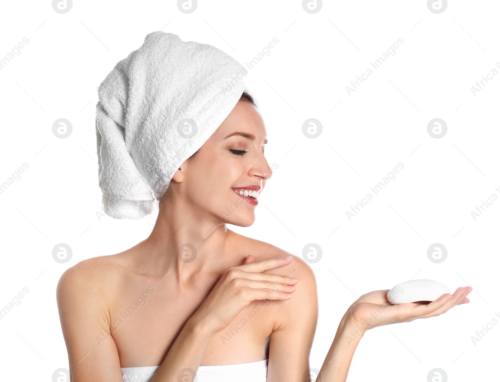 Beautiful young woman with soap bar on white background Image of Beautiful young woman with soap bar on white background