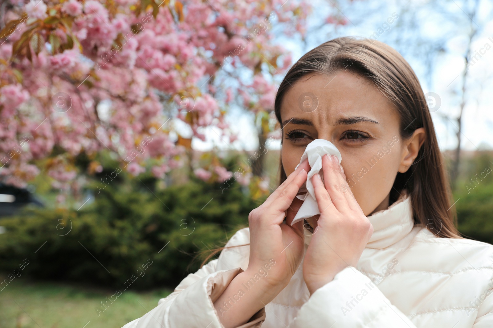 Woman suffering from seasonal pollen allergy near blossoming tree outdoors Photo of Woman suffering from seasonal pollen allergy near blossoming tree outdoors